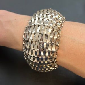 Vintage Woven Metal Bangle Bracelet, Silver, Braided, Retro, Boho